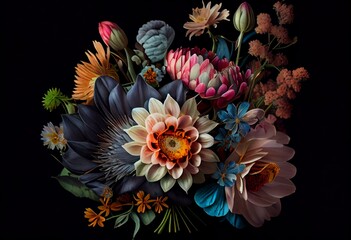 Bouquet of beautiful garden flowers on black background. Vintage. Created with Generative AI technology