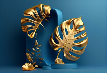 podium empty with gold color leaf monstera in blue composition for modern stage display and minimalist mockup ,abstract showcase background ,Concept 3d illustration or 3d render. Generative AI