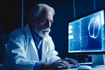 The senior male doctor looks at the heart on a monitor. Medical innovation technology concept. Experienced heart surgeon exam patient heart on a computer, AI Generated. Heart health concept.