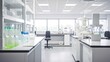 Scientific laboratory interior, research facilty, light and airy with white shelves and benches, modern design, AI generative