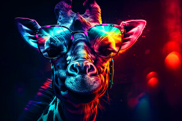 Wall Mural - Realistic portrait of a hipster Giraffe wearing glasses in neon colors. Generative AI illustration.