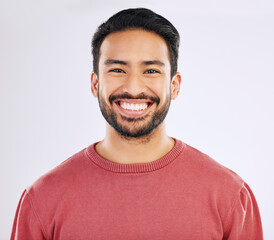 Poster - Happy, handsome and a headshot portrait of an Asian man isolated on a white background in studio. Smile, pride and a guy with confidence, happiness and attractive while smiling on a backdrop