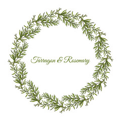 Poster - Tarragon and rosemary floral hand drawn wreath