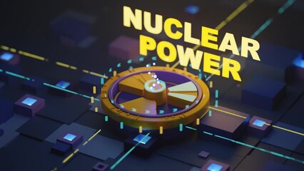 Poster - Loop 3d animation of an abstract background of many cubes and tiles with neon light and rays. The symbol, the radiation sign in the center. Abstract composition. Nuclear power engineering.