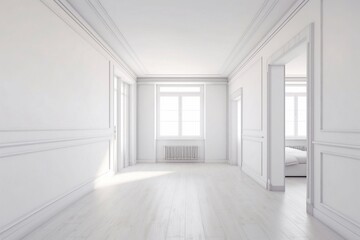 Bright empty room interior with empty white wall. Generative AI