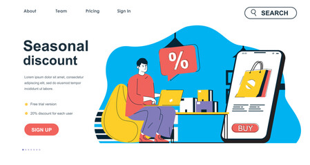 Poster - Seasonal discount concept for landing page template. Man makes purchases on sale using laptop. Online shopping in mobile app people scene. Vector illustration with flat character design for web banner