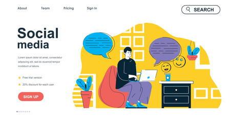 Leinwandbilder - Social media concept for landing page template. Man browsing and networking, chatting with friends. Online communication people scene. Vector illustration with flat character design for web banner