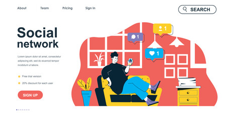 Aufkleber - Social network concept for landing page template. Man making posts, likes and comments at smartphone. Online communication people scene. Vector illustration with flat character design for web banner