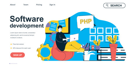 Aufkleber - Software development concept for landing page template. Programmer writes programming code. Developer working in office people scene. Vector illustration with flat character design for web banner