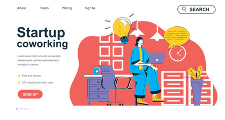Poster - startup coworking concept for landing page template. woman works at laptop with creative ideas. empl