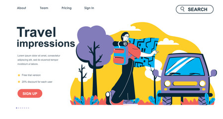 Poster - Travel impressions concept for landing page template. Woman with backpack and map goes on trip by car. Vacation and tourism people scene. Vector illustration with flat character design for web banner