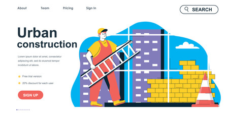 Fototapete - Urban construction concept for landing page template. Man building brick wall, working and constructing house. Real estate people scene. Vector illustration with flat character design for web banner