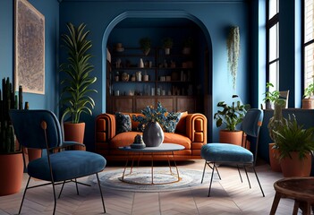 Blue themed living room with terracotta tables created using 3D rendering technology. Generative AI