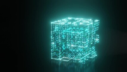 Poster - Loop 3d animation of a neon cube from a set of dots and lines. A tesseract cube above a reflective black surface. Fantastic abstract composition. Geometry in art.