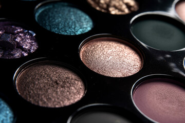 Wall Mural - Closeup shot of eyeshadow, cosmetics, makeup. Professional eyeshadow palette macro shot. Eye shadow collection, make up theme. AI generated.