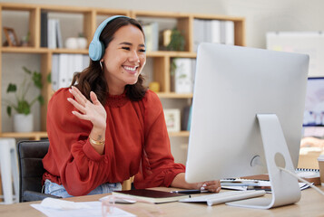 Poster - Headphones, computer and woman video call, webinar or virtual meeting, talking and online networking in business office. Happy Asian person wave hello on her desktop pc in client chat at tech company