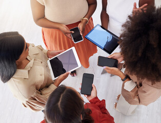 Aufkleber - Business people, phone and hands in networking, sharing information or data sync for team communication above. Group of women holding multimedia devices with screen display in teamwork collaboration