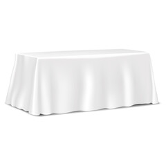 table covered with blank tablecloth isolated on white background realistic vector mockup. template f