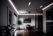 Suspended LED strip lights with downlights and white walls in modern home interior design. Generative AI