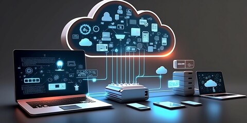 Cloud technology, computing. Devices connected to digital storage in the data center via the Internet, IOT, Smart Home Communication laptop, tablet, phone home devices with an online. (Generative AI).