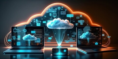 Cloud technology, computing. Devices connected to digital storage in the data center via the Internet, IOT, Smart Home Communication laptop, tablet, phone home devices with an online. (Generative AI)