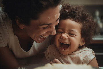 close-up of a mother and her child laughing and baking together, made with generative ai
