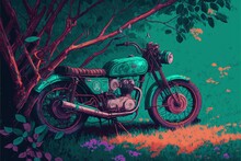 Deserted Rusty Motorcycle In Lush Foliage. Fantasy Concept , Illustration Painting. Generative AI