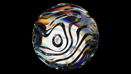 Poster - Loop 3d animation of an abstract futuristic sphere with curves and waves on the surface. A glass ball, a crystal fantastic sphere on a black background.