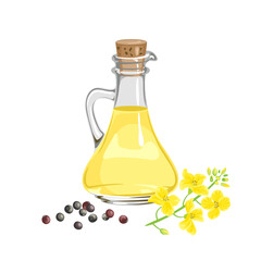 Wall Mural - Canola seed oil in glass bottle, yellow flower and heap of seeds isolated on white background. Vector cartoon illustration. 