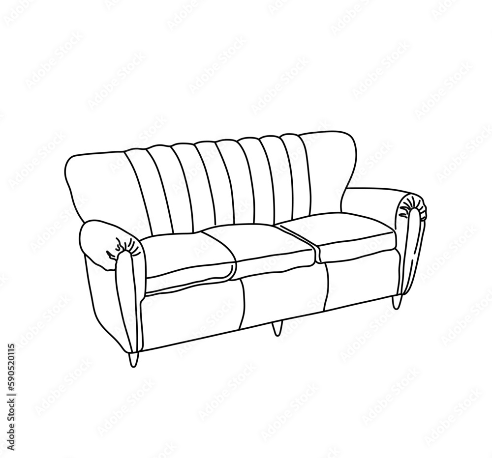 Vector isolated one single sofa couch leather cloths textile upholstery colorless black and white contour line easy drawing