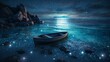 Pale blue beach covered with colorful glowing stones, a boat in the distance, fluorescent ocean, moonlight and sparkling stars, 3d. generative AI
