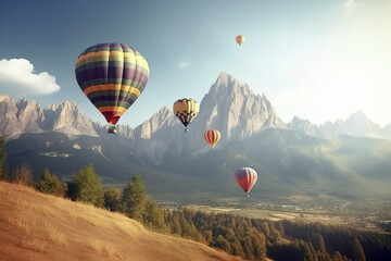 Colorful hot air balloons close-up on the background of a beautiful sky in the clouds. AI generated