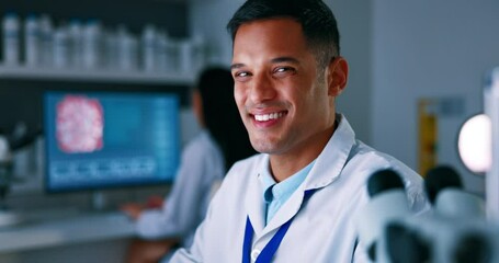 Poster - Scientist man, laboratory and face with happiness, medical research and healthcare in science study and pathology. Portrait, male and doctor smile in scientific experiment for healthcare professional