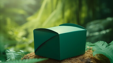 green cardboard kraft lunch box, container delivery for food restaurant, mock-up, zero waste, recycling, take away food packaging design, paper green food box, tropical forest, ecofriendly design