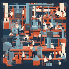 Wall Mural - Flat illustration of a busy assembly line during the Second Industrial Revolution, with workers efficiently producing goods. generative ai