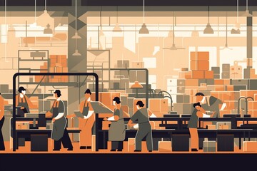 Wall Mural - Flat illustration of a busy assembly line during the Second Industrial Revolution, with workers efficiently producing goods. generative ai