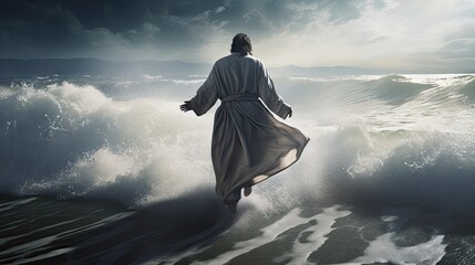 Illustration Jesus Christ Walking on Water, art background, Generative AI