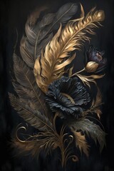 Wall Mural - Gold and black feathers on a black background. Generative AI