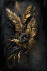 Wall Mural - Black and gold feathers with flowers on a dark background. Generative AI