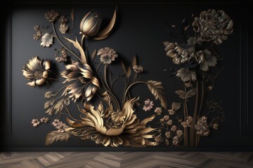 Generative AI of a classic interior with black walls and gold flowers