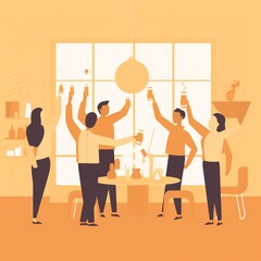 Wall Mural - Flat digital illustration of a startup team celebrating a milestone, with icons for confetti, balloons, and high-fives on a clean background. generative ai