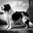 Painting of a Landseer dog standing at a small harbor, created by  generative AI