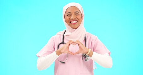 Sticker - Face, nurse and Muslim woman with heart hands in studio isolated on a blue background mockup. Smile, portrait and happy medical professional or Islamic person with emoji or symbol for love and care.