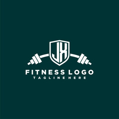 JX initial monogram for fitnes or gym logo with creative shield and barbell design