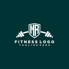 MR initial monogram for fitnes or gym logo with creative shield and barbell design