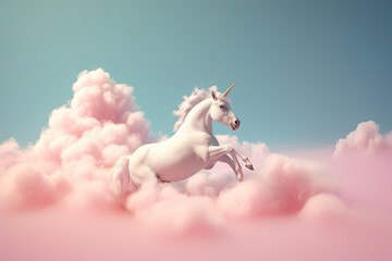 a Write unicorn riding a pink candy cotton cloud