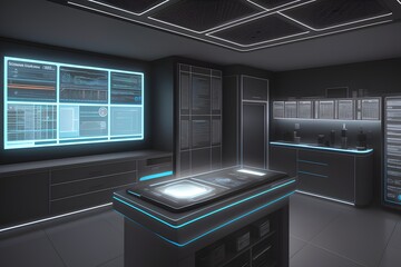 Interior of a sci-fi futuristic medical laboratory. Ai generative.