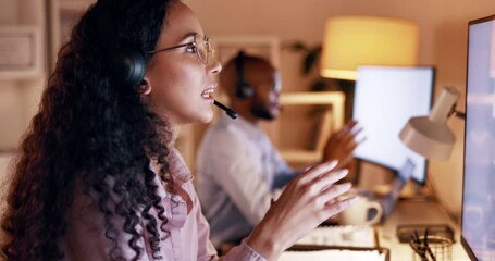 Aufkleber - Telemarketing, crm business and woman working on customer support and consulting at night. Office, employee and online networking of a female in a consultation and call center conversation at company