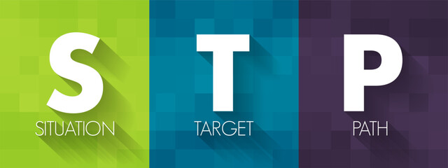 Poster - stp situation target path - simple overview of the strategic planning method, acronym text concept b