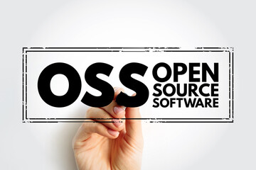 Wall Mural - OSS - Open source software is software that is distributed with its source code, making it available for use, modification, and distribution with its original rights, acronym text stamp